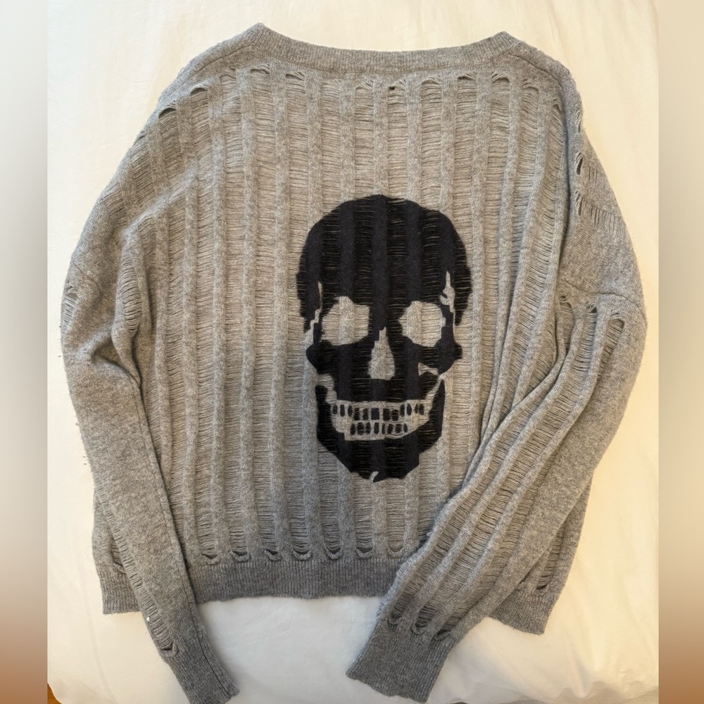 Skull Cashmere Gray Sweater with Black Skull Design